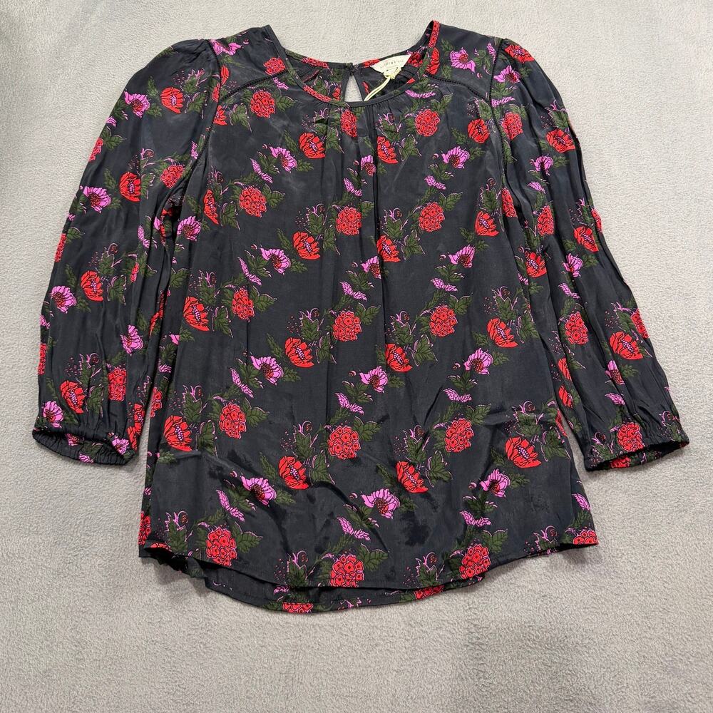 NWT Lucky Brand Floral Blouse‎ Medium Black Pink Red Silk Blend Boho Top Women